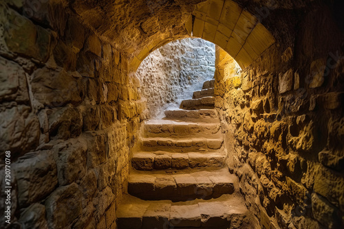 Underground tunnel with stairs, medieval dungeon made of bricks and rocks