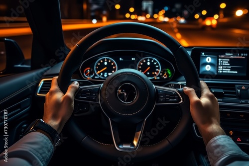 Close up shot of drivers hands firmly gripping the steering wheel while operating a modern car