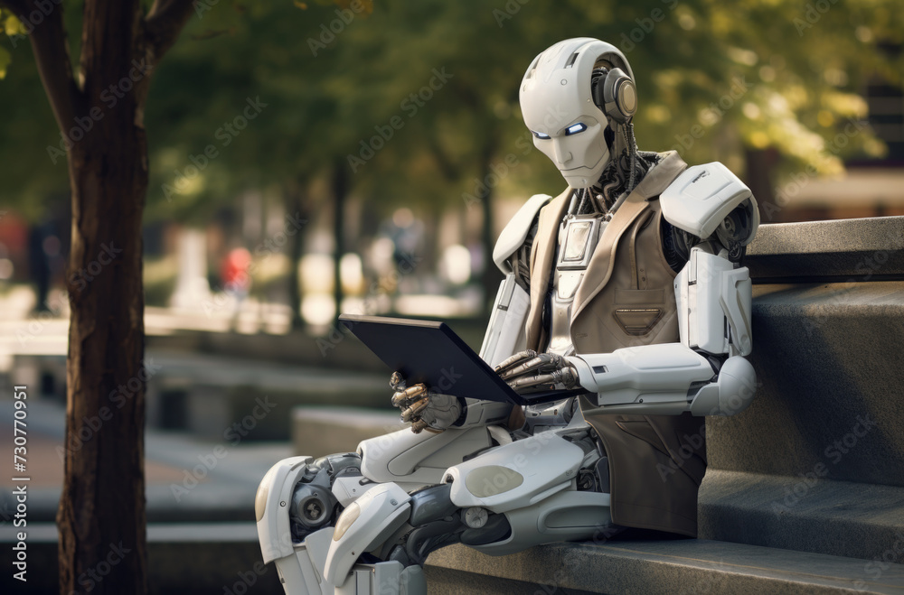 Robot sit on bench work with laptop pc computer rest relax in sunshine spring green city park outdoors on nature. Urban leisure concept Robot sit on bench work with laptop pc computer rest relax in sunshine spring green city park outdoors on nature. Urban leisure concept