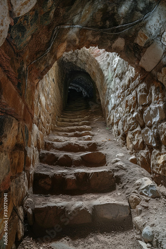Underground tunnel with stairs  medieval dungeon made of bricks and rocks