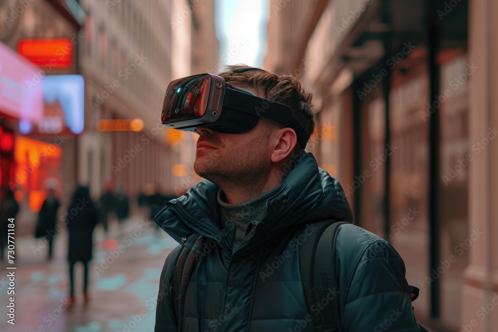 A man wearing virtual reality glasses walks around the city. New technologies concept. A man wearing virtual reality glasses walks around the city. New technologies concept.