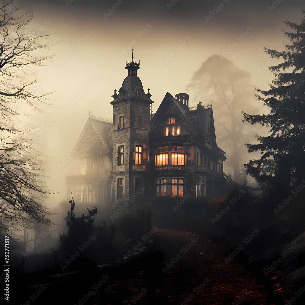 Haunted mansion on a foggy hill