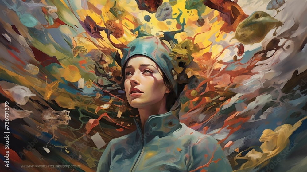 a surreal artwork that visually portrays the chaotic and fragmented nature of a troubled mind. Mind's Chaos Unveiled: A Surreal Portrayal by Generative AI - obrazy, fototapety, plakaty 
