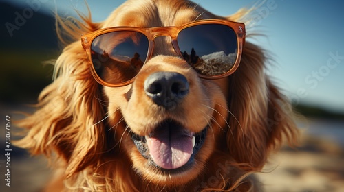 Happy Golden retriever dog wears sunglasses, portrait of pet on vacation in summer © Nikolai