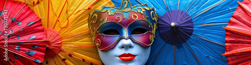 Colorful Masks and Umbrellas Compose a Living Artwork