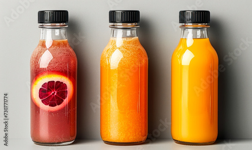Three assorted fresh fruit juices in glass bottles with black caps on a neutral background, representing healthy dietary choices and natural beverages