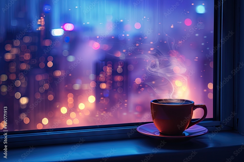 Steaming cup of coffee perched on window ledge of high rise condo with captivating view of cityscape during rainy day scene beautifully blends warmth of hot beverage with cool - obrazy, fototapety, plakaty 