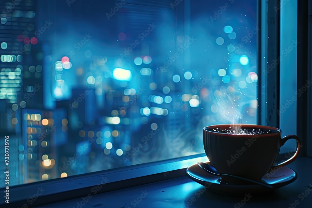 Steaming cup of coffee perched on window ledge of high rise condo with captivating view of cityscape during rainy day scene beautifully blends warmth of hot beverage with cool - obrazy, fototapety, plakaty 