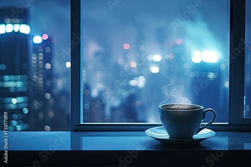 Steaming cup of coffee perched on window ledge of high rise condo with captivating view of cityscape during rainy day scene beautifully blends warmth of hot beverage with cool