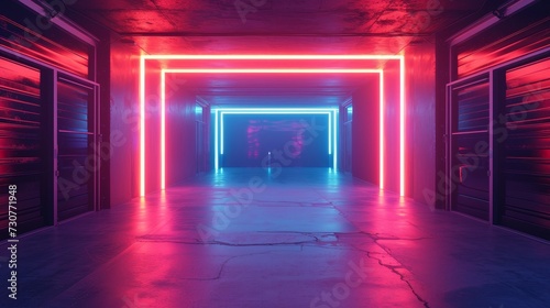 Corridor bathed in pink and blue neon lights, showcasing a cyberpunk aesthetic with a futuristic feel.