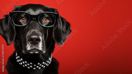 Black dog wears glasses, pet portrait on red front view © Nikolai