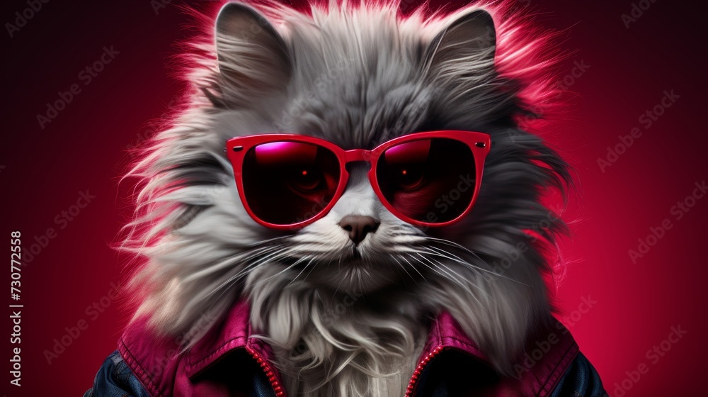 A grey fluffy cat in a jacket and sunglasses, a stylish pet. Close-up portrait on a pink background