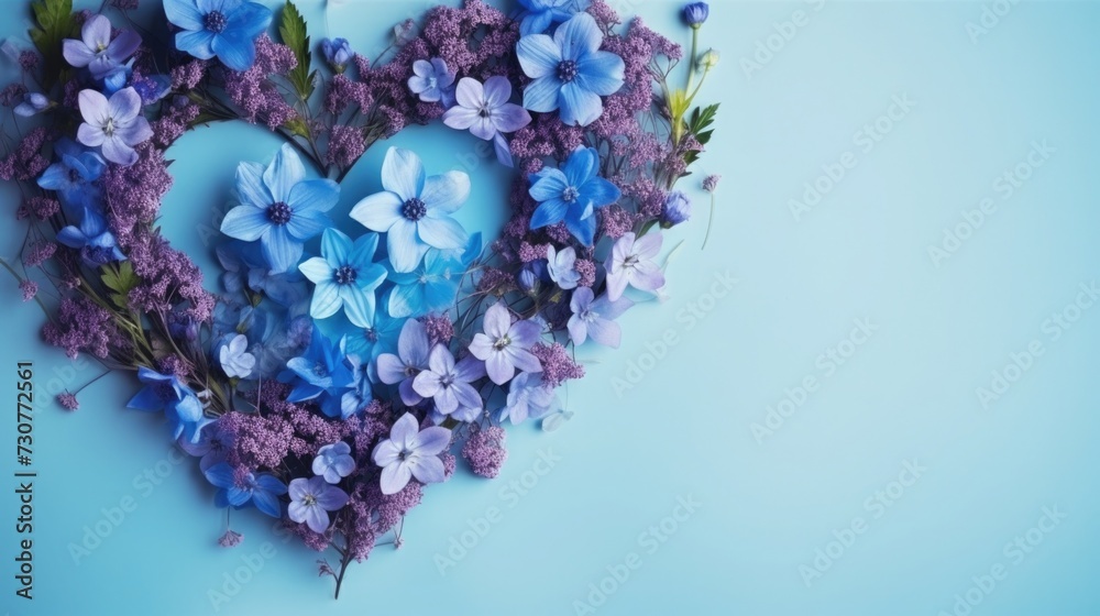 blue flowers in the shape of a heart. bouquet for Valentine's Day, Women's Day, March 8. greeting card. space for text