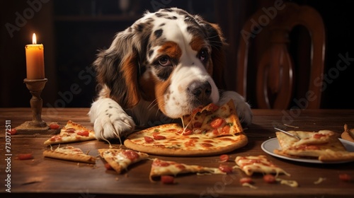 cute, fluffy dog, puppy eating pizza. pet and fast food. delicious Italian pastries. pizza day. © Svetlana