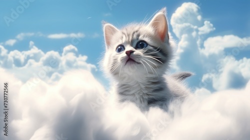 cat on the clouds. the kitten died and went to heaven and smiles. cute animal looks at the sky. life after death.