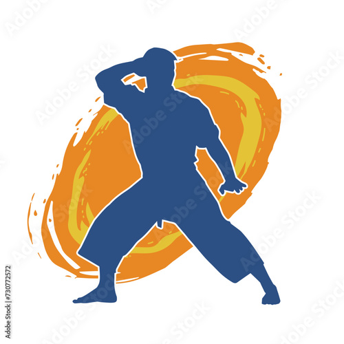 Silhouette of a man in oriental martial art pose. Silhouette of a male in martial art move.

