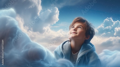 boy on the clouds. the child died and went to heaven. the child smiles. man looks at the sky. life after death