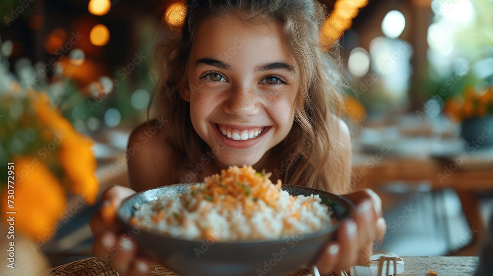 A girl is smiling as she eats a healthy bowl of rice for dinner. Generative AI.