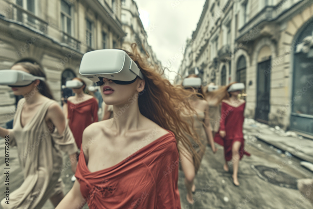 Future loneliness concept. A woman wearing virtual reality glasses does not notice the destroyed world around her.