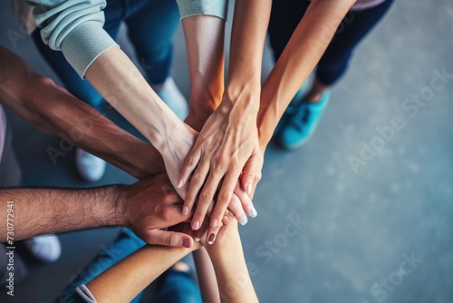 A top view of a group people stacking their hands together  symbolizing unity  teamwork  and mutual support with copy space.