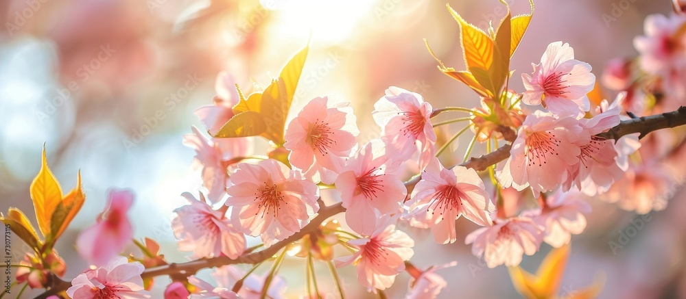 Spring sunlight shines on cherry blossom branches adorned with fresh leaves.