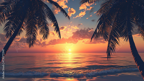 .A beach-themed banner with a peaceful sunset and silhouettes of palm trees