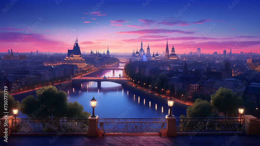 .A charming cityscape at dusk