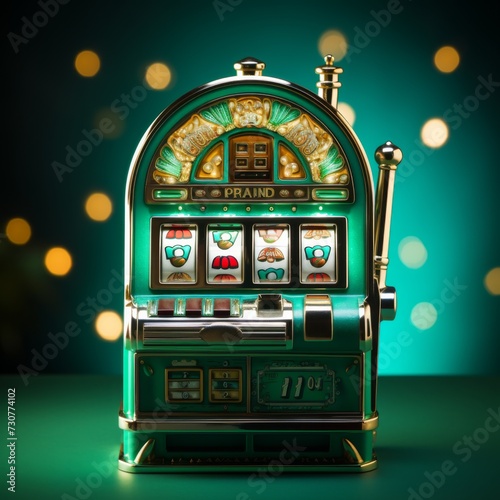 Slot machine on a green background. Gambling. Generative AI.