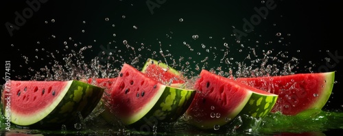 Tasty juicy green watermelon on a dark background. Generative AI.