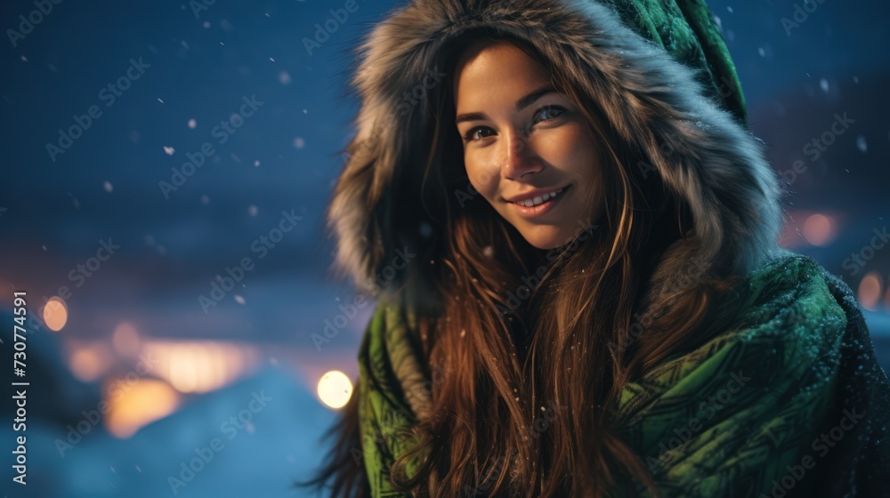 Beautiful woman with a model-like appearance participating in Northern Lights festivals.