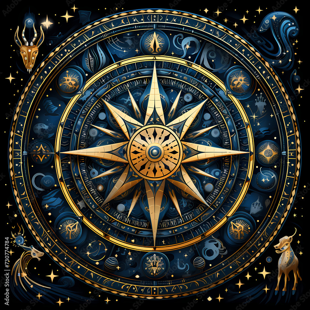 Stylized depictions of zodiac signs in celestial patterns.