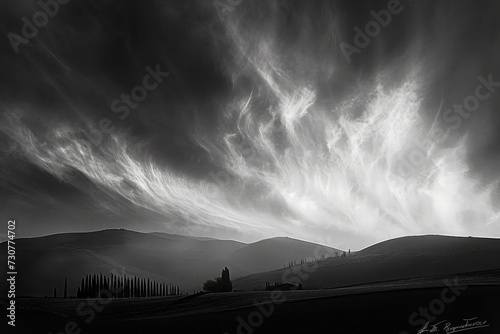 A stunning black and white panorama where the drama of an expansive sky meets the gentle roll of countryside hills, clouds over the mountains