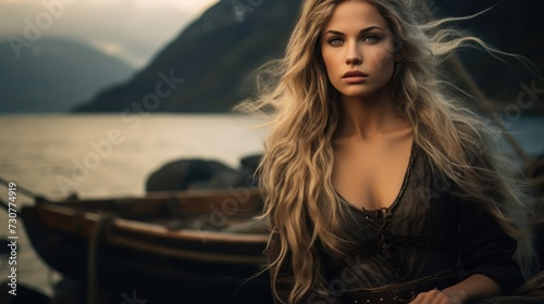 Beautiful woman with a model-like appearance photographing maritime landscapes in Norway.