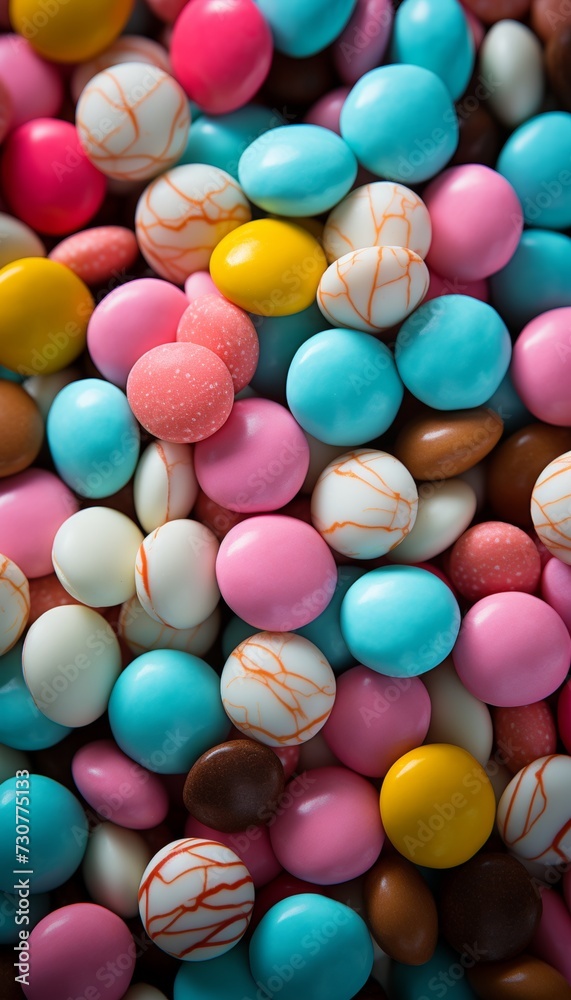 Assorted colorful candies in glazed coating - top view of delicious confections on display