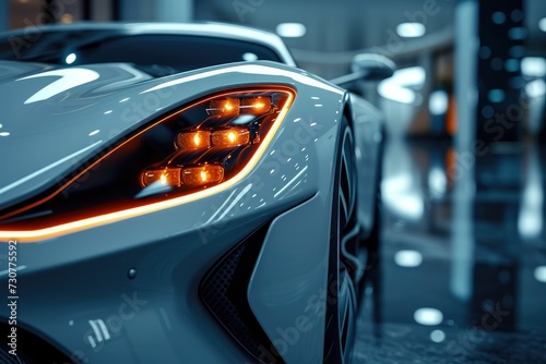 Close up photo of a corner front-end of a futuristic sports car. Generative AI.