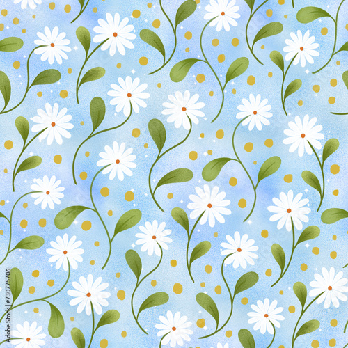 Spring white flowers | Blue seamless repeat pattern design (ID: 730775706)
