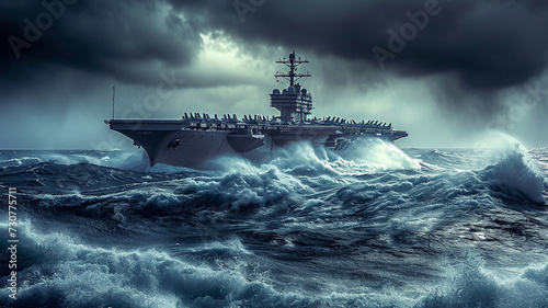.A detailed photograph capturing a naval aircraft carrier navigating through rough seas photo