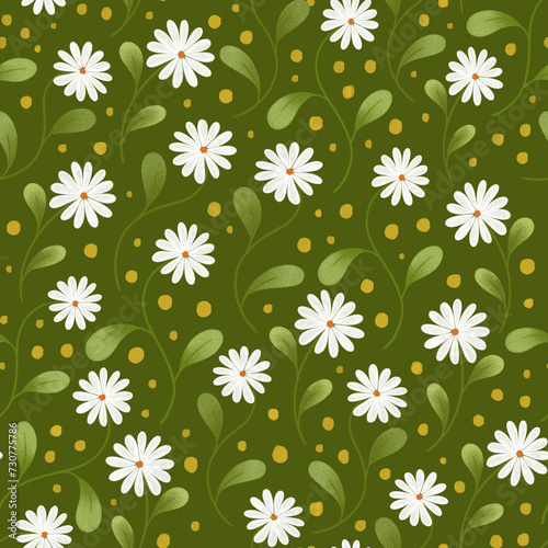 Spring white flowers | Green seamless repeat pattern design (ID: 730775786)