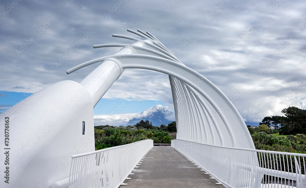 Te Rewa Rewa Bridge across the Waiwhakaiho River . Tranaki moutain. New Plymouth New Zealand.