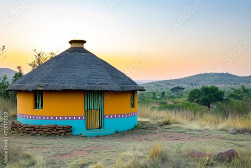 A beautiful colorful traditional ethnic African round hut of the Ndbele tribe in a village in South Africa in the peaceful evening sun photo