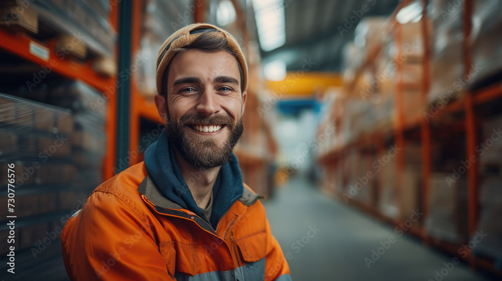 Smiling warehouse worker in the logistic warehouse. Generative AI. Smiling warehouse worker in the logistic warehouse. Generative AI.
