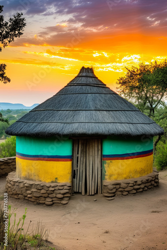 A beautiful colorful traditional ethnic African round hut of the Ndbele tribe in a village in South Africa in the peaceful evening sun photo