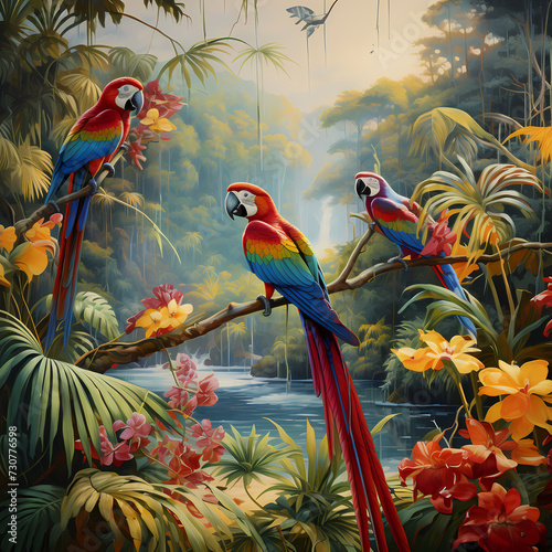 Tropical paradise with exotic birds 