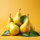 Fresh pears on a yellow background. Generative AI.