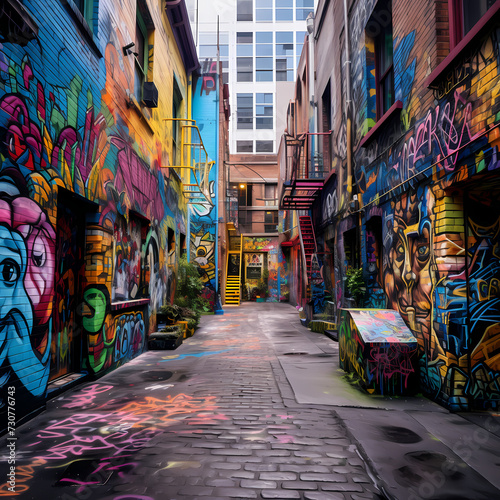 Vibrant street art in an urban alley. © Cao