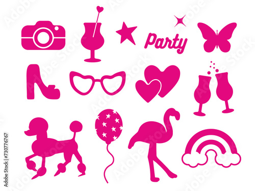 Glamorous trendy set of pink stickers. Cute stickers, objects isolated on white background. dog, balloon, flower, shoe, star, glass, logo: collection in a minimalist style. for print, social network. 