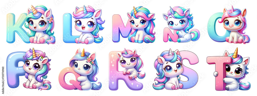 Obraz premium Cute Unicorn Alphabet Series - Letters K to T Clipart