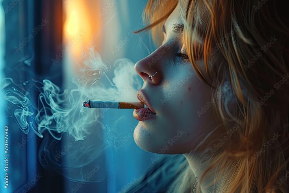 Obraz premium A woman is captured smoking a cigarette, the tendrils of smoke curling around her in a moment of contemplation or relaxation.