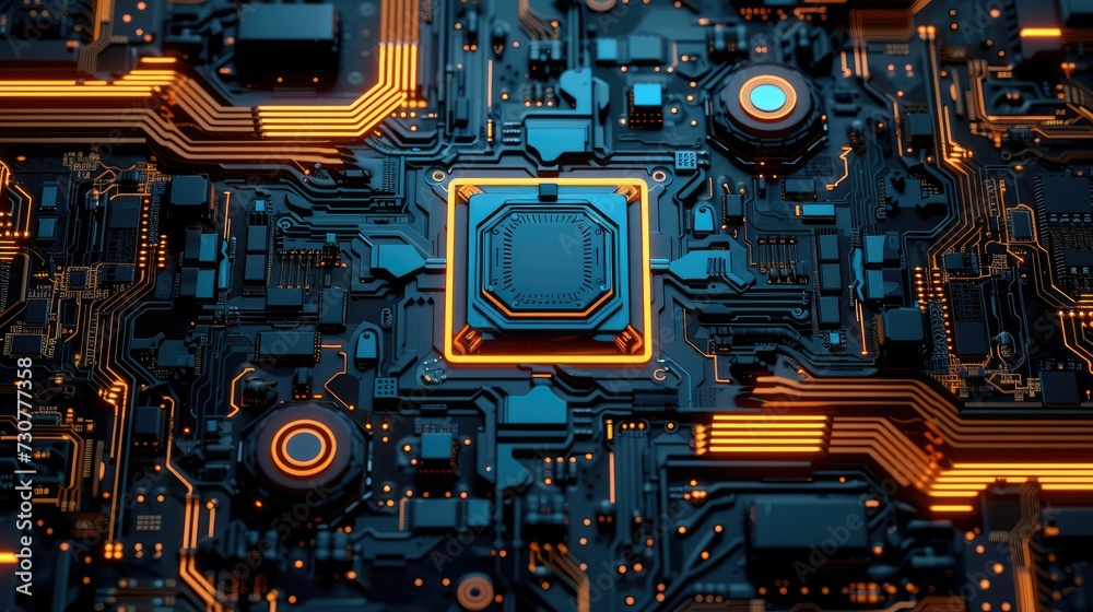 Fototapeta premium High quality circuit board background with a blue, orange and yellow color. Generative AI.