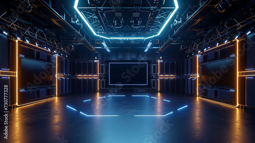 .A futuristic photo of an empty virtual reality studio with VR headsets and sensors